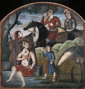 Khusraw ontdekt Shirin die aan het baden is, uit picturale cyclus van acht poëtische onderwerpen